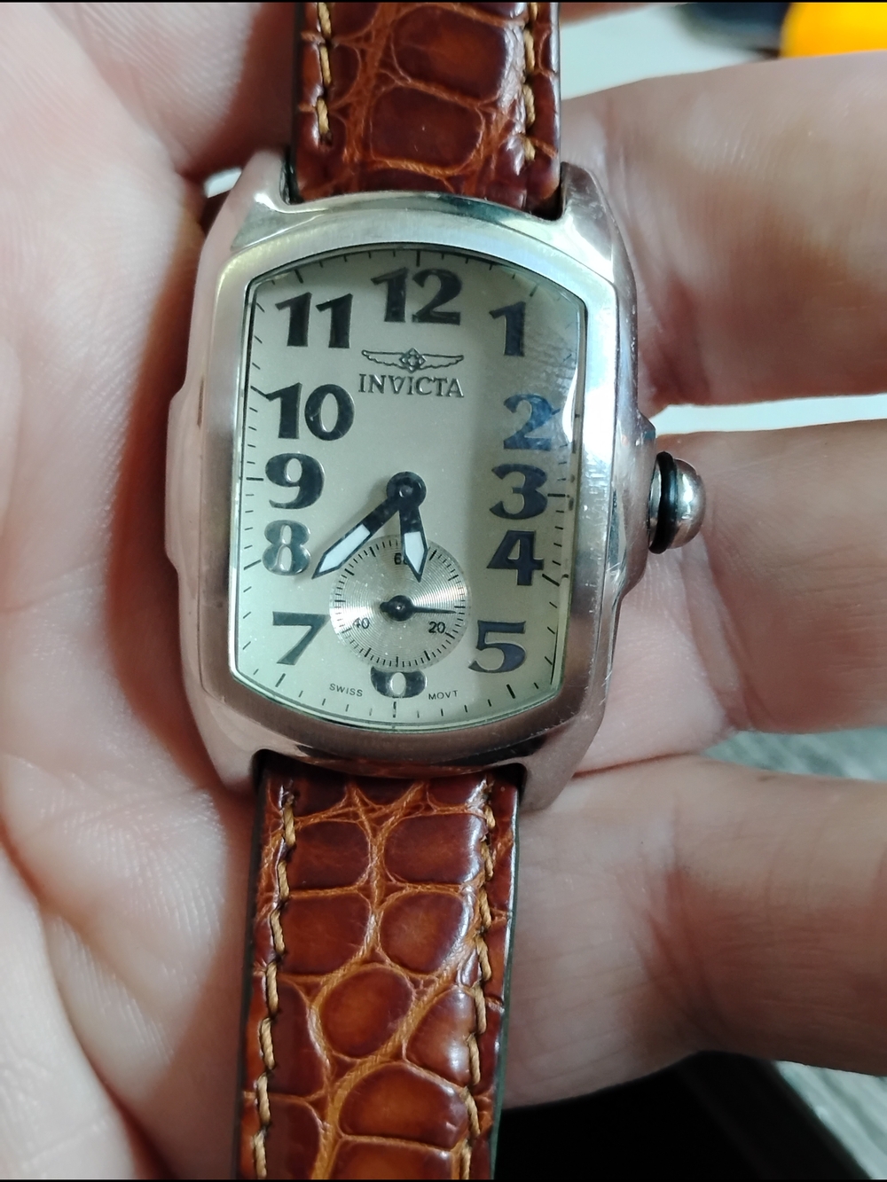 Invicta Silver Case Cream Dial Brown Croc-Pattern Leather Strap Watch